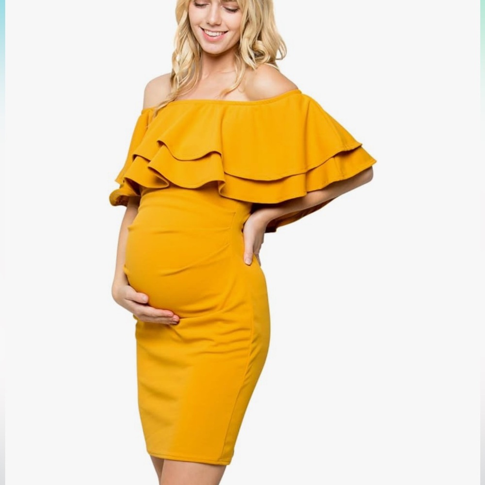 Yellow Off-Shoulder Ruffle Maternity Dress